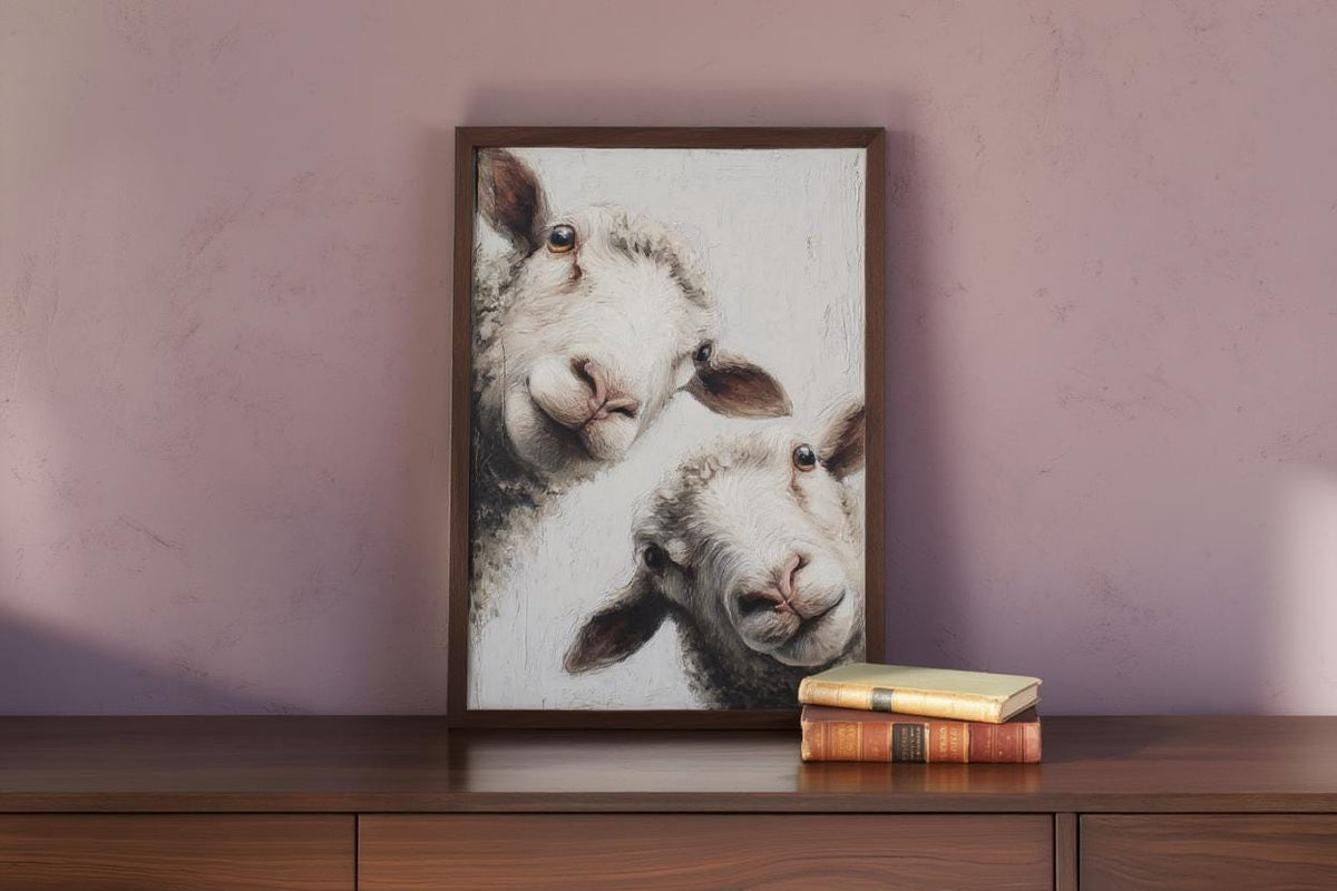 Whimsical Sheep Wall Art, Funny Lamb Oil Painting, Farmhouse Animal Art Print, Minimalist Countryside Portrait, Rustic Pastoral Decor