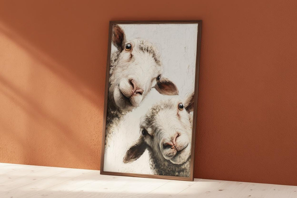 Whimsical Sheep Wall Art, Funny Lamb Oil Painting, Farmhouse Animal Art Print, Minimalist Countryside Portrait, Rustic Pastoral Decor