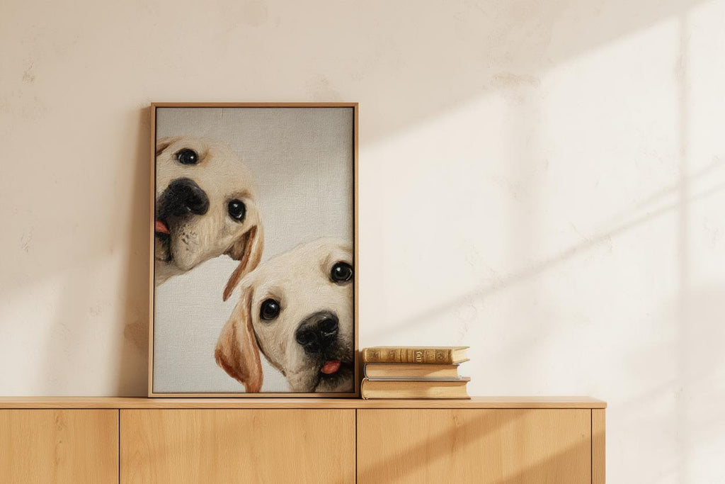 Labrador Puppies Oil Painting, Whimsical Dog Art, Peeking Pups Print