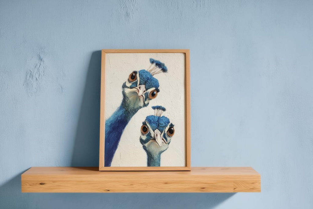 Whimsical Peacock Wall Art, Vibrant Blue Bird Painting, Funny Animal Print, Mid Century Retro Boho Poster, Quirky Colorful Home Decor Gift