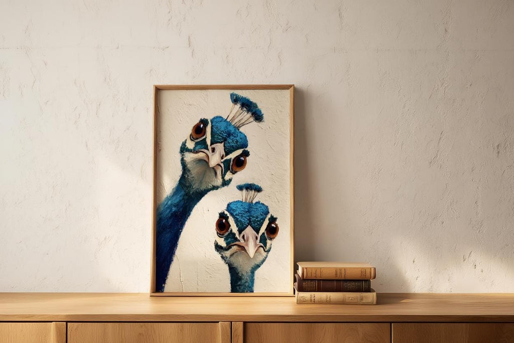Whimsical Peacock Wall Art, Vibrant Blue Bird Painting, Funny Animal Print, Mid Century Retro Boho Poster, Quirky Colorful Home Decor Gift