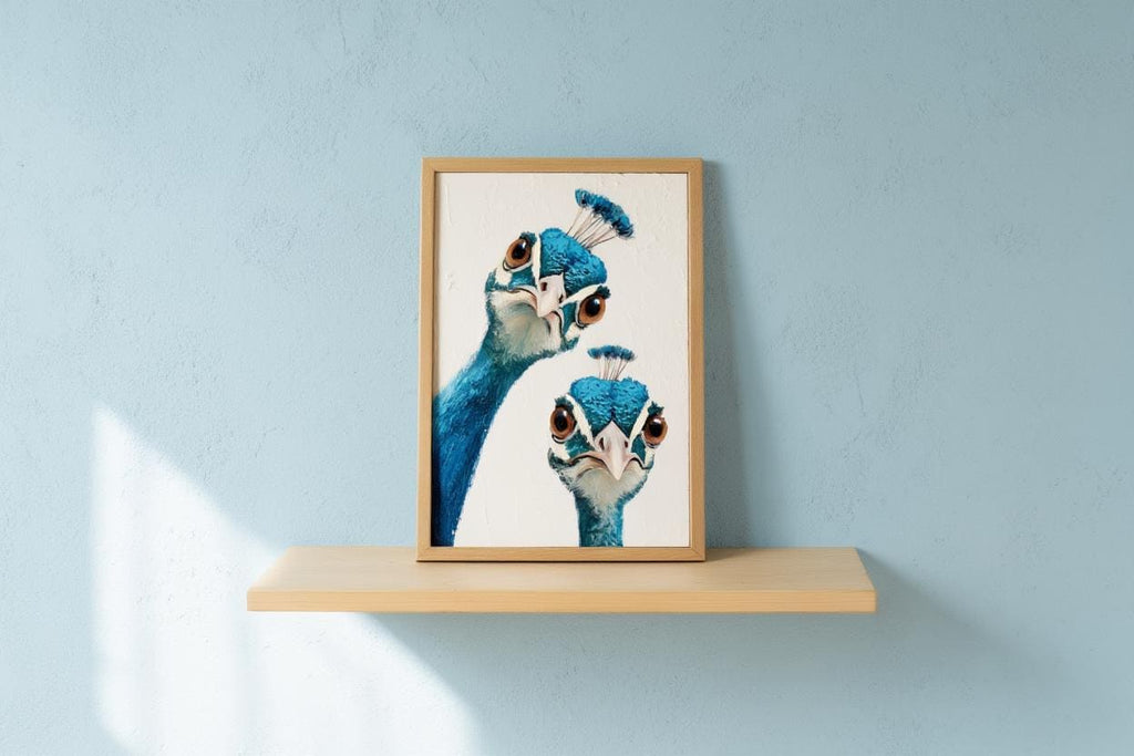 Whimsical Peacock Wall Art, Vibrant Blue Bird Painting, Funny Animal Print, Mid Century Retro Boho Poster, Quirky Colorful Home Decor Gift