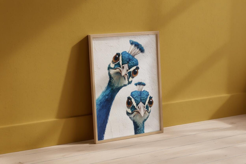 Whimsical Peacock Wall Art, Vibrant Blue Bird Painting, Funny Animal Print, Mid Century Retro Boho Poster, Quirky Colorful Home Decor Gift