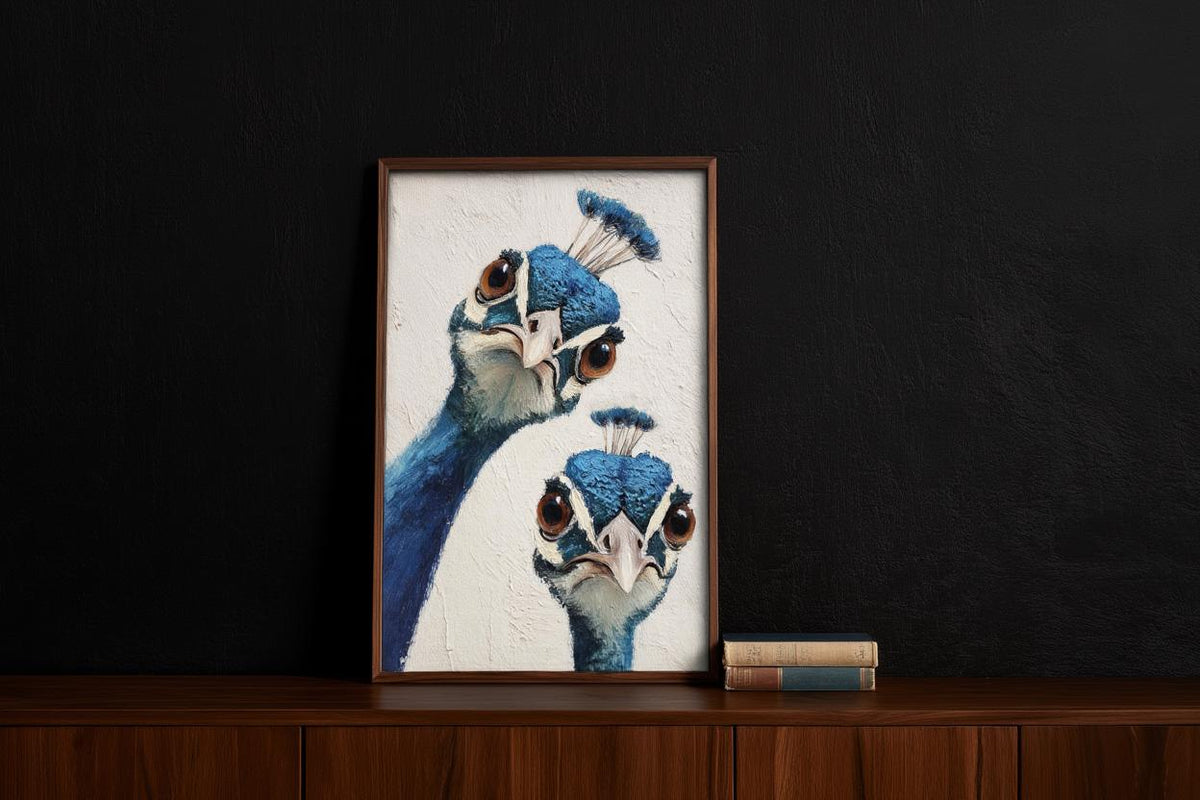 Whimsical Peacock Wall Art, Vibrant Blue Bird Painting, Funny Animal Print, Mid Century Retro Boho Poster, Quirky Colorful Home Decor Gift