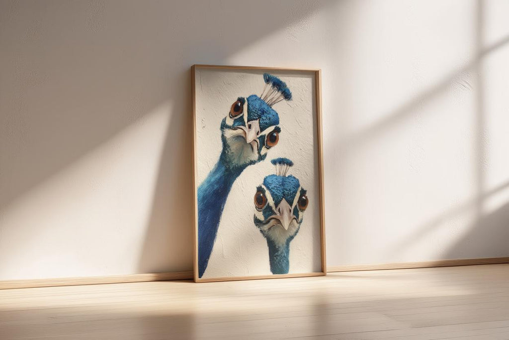 Whimsical Peacock Wall Art, Vibrant Blue Bird Painting, Funny Animal Print, Mid Century Retro Boho Poster, Quirky Colorful Home Decor Gift
