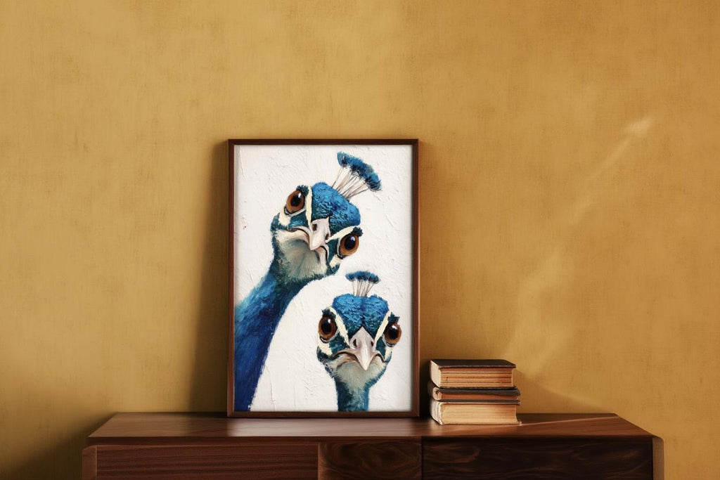 Whimsical Peacock Wall Art, Vibrant Blue Bird Painting, Funny Animal Print, Mid Century Retro Boho Poster, Quirky Colorful Home Decor Gift