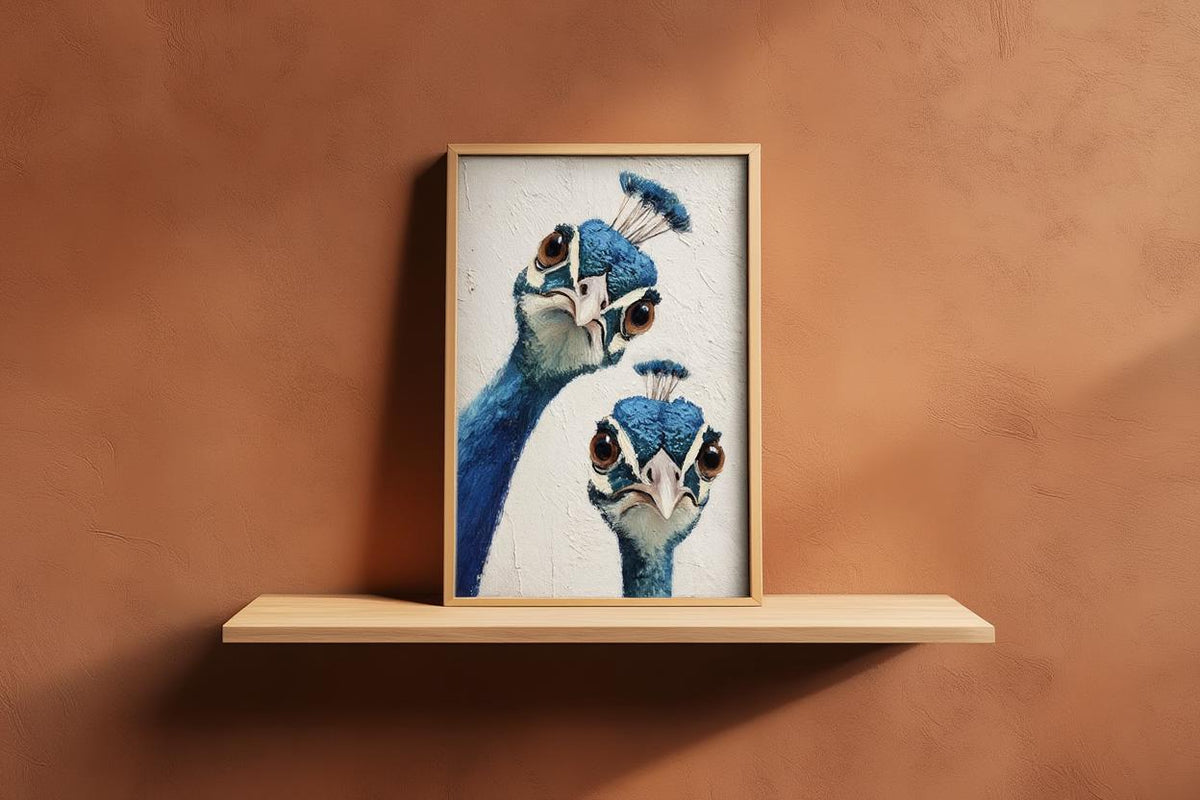 Whimsical Peacock Wall Art, Vibrant Blue Bird Painting, Funny Animal Print, Mid Century Retro Boho Poster, Quirky Colorful Home Decor Gift