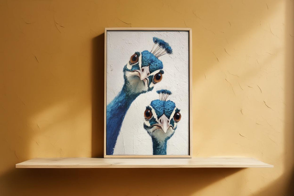 Whimsical Peacock Wall Art, Vibrant Blue Bird Painting, Funny Animal Print, Mid Century Retro Boho Poster, Quirky Colorful Home Decor Gift