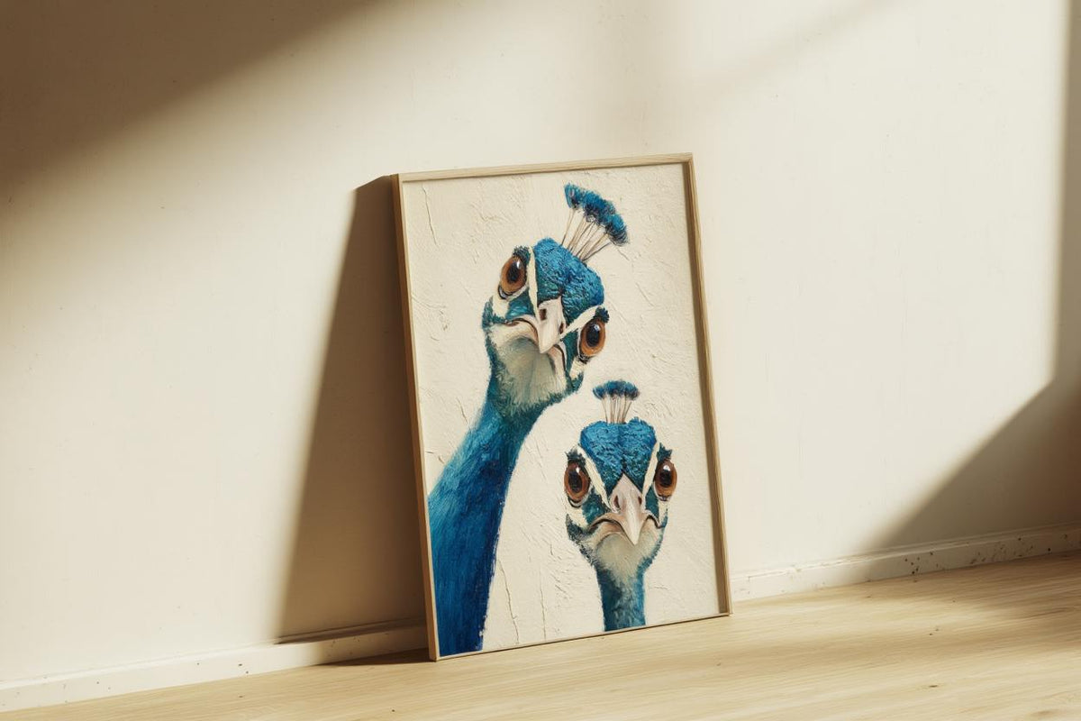 Whimsical Peacock Wall Art, Vibrant Blue Bird Painting, Funny Animal Print, Mid Century Retro Boho Poster, Quirky Colorful Home Decor Gift