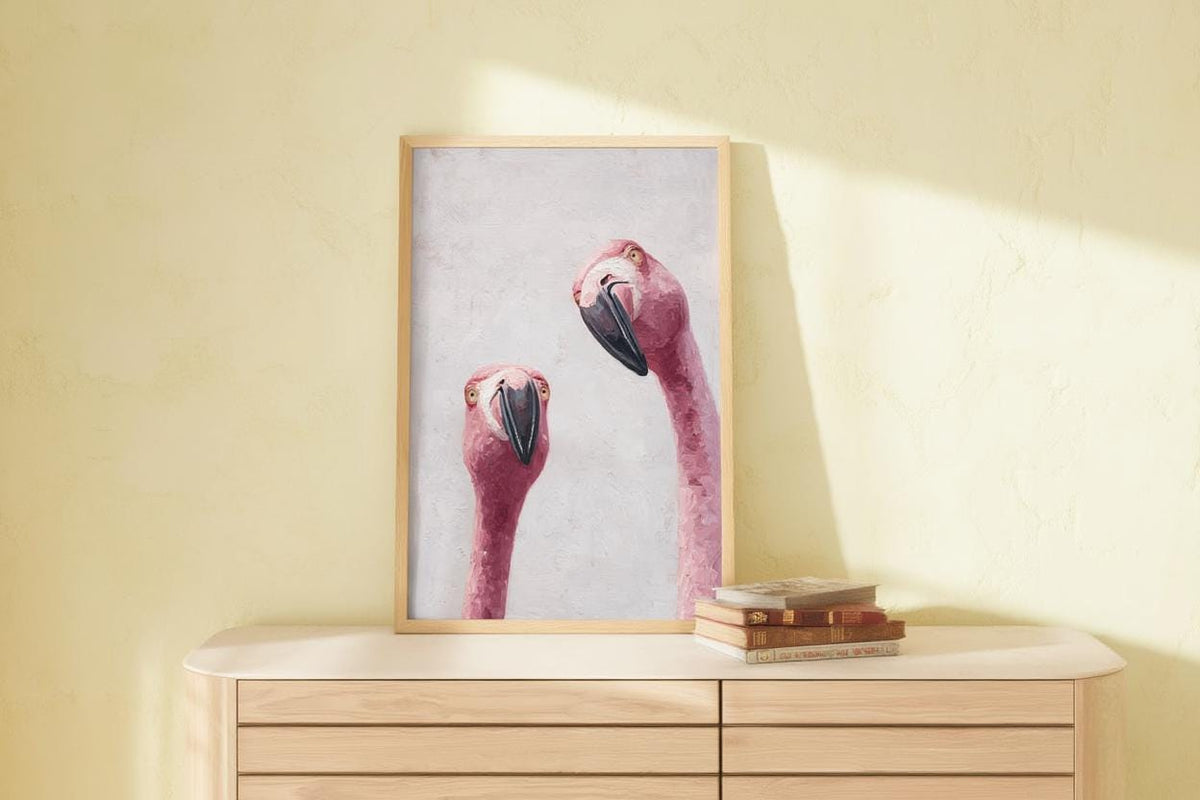 Whimsical Flamingo Wall Art, Tropical Bird Painting, Pink Animal Portrait Art Print, Funny Retro Home Decor, Quirky Birds Lover Gift Poster