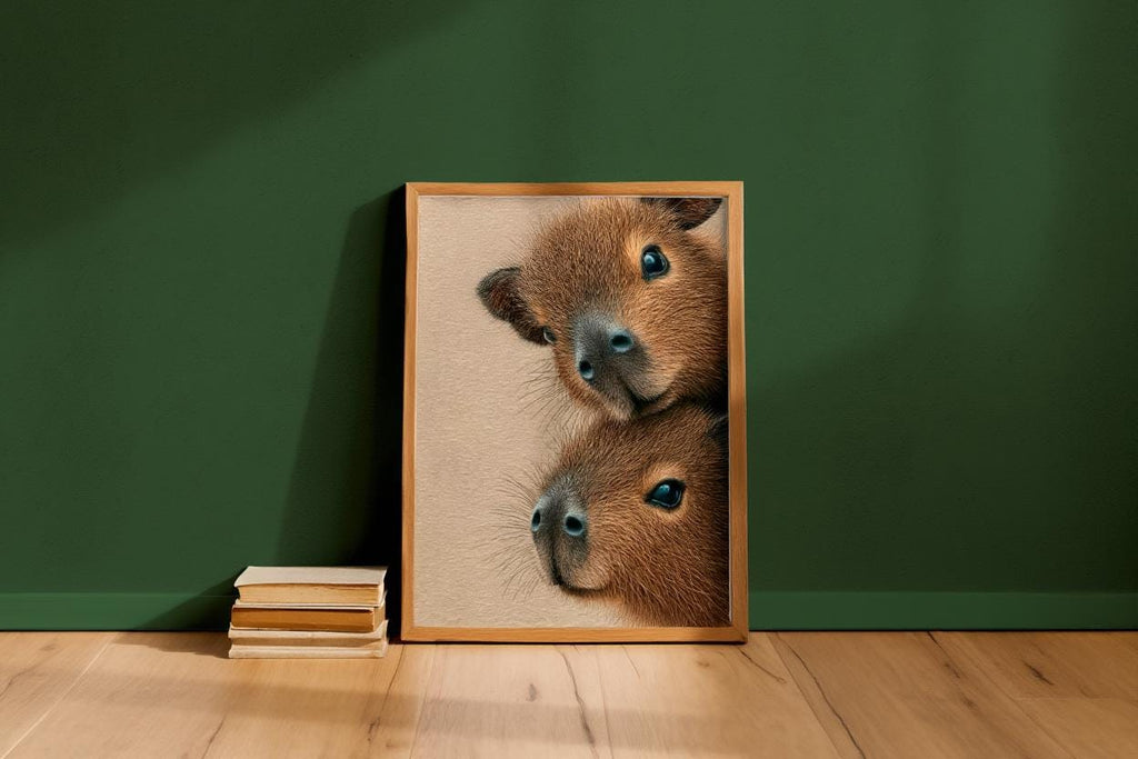 Capybara Wall Art, Baby Animals Poster, Fluffy Nursery Decor, Cute Brown Rodent Peeking Print, Kids Room Painting, Framed or Unframed