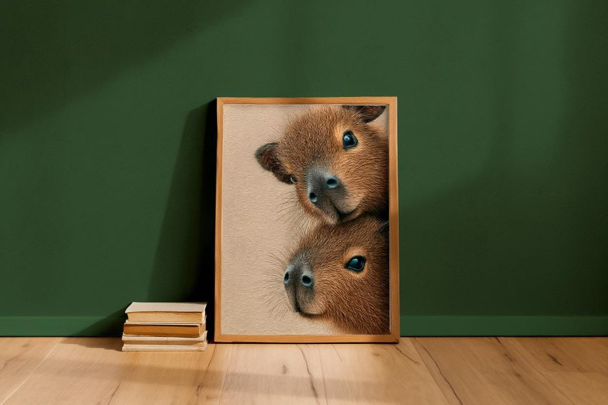 Capybara Wall Art, Baby Animals Poster, Fluffy Nursery Decor, Cute Brown Rodent Peeking Print, Kids Room Painting, Framed or Unframed