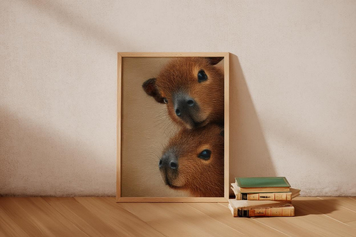 Capybara Wall Art, Baby Animals Poster, Fluffy Nursery Decor, Cute Brown Rodent Peeking Print, Kids Room Painting, Framed or Unframed