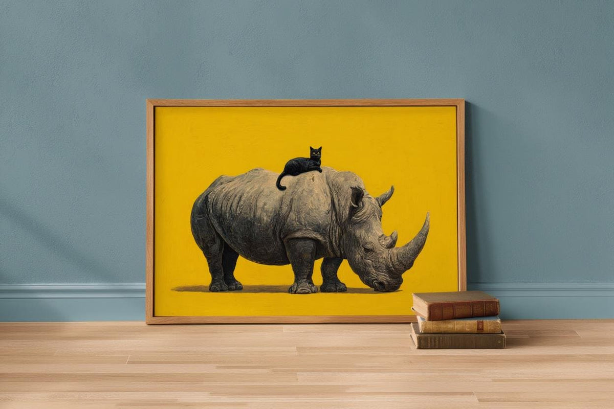 Rhino Wall Art, Black Cat Painting, Funny Rhinoceros Poster, Quirky Animal Print, Bold Yellow Decor, Whimsical Wildlife Graphics