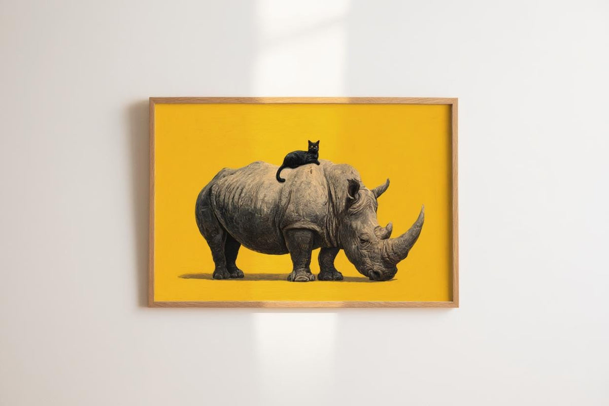 Rhino Wall Art, Black Cat Painting, Funny Rhinoceros Poster, Quirky Animal Print, Bold Yellow Decor, Whimsical Wildlife Graphics