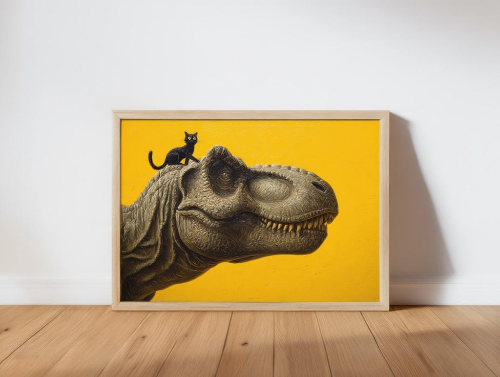 T-Rex Dinosaur Print, Tyrannosaurus Illustration, Surreal Black Cat Animal Portrait, Minimalist Nursery Decor Whimsical Prehistoric Wall Art
