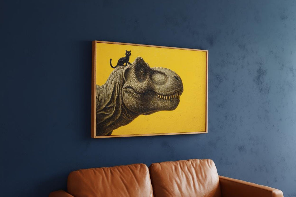 T-Rex Dinosaur Print, Tyrannosaurus Illustration, Surreal Black Cat Animal Portrait, Minimalist Nursery Decor Whimsical Prehistoric Wall Art