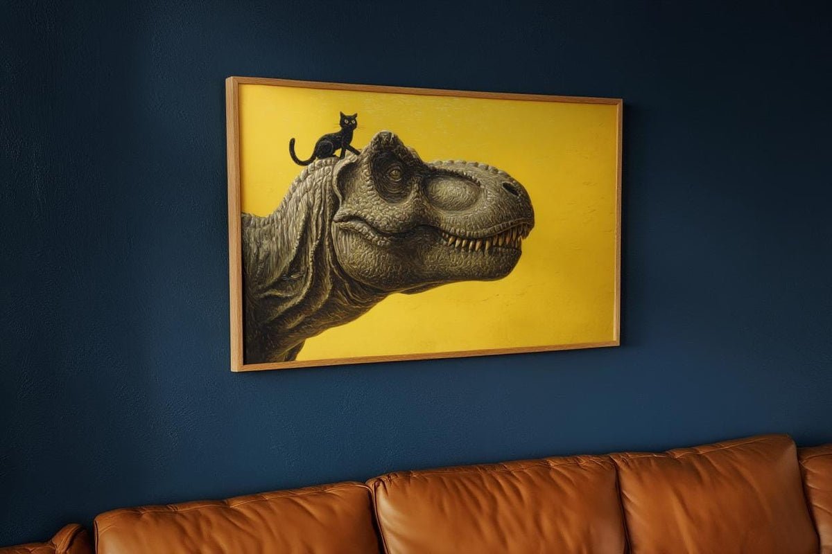 T-Rex Dinosaur Print, Tyrannosaurus Illustration, Surreal Black Cat Animal Portrait, Minimalist Nursery Decor Whimsical Prehistoric Wall Art