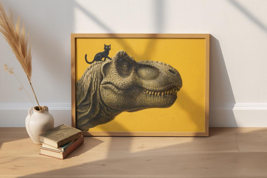 T-Rex Dinosaur Print, Tyrannosaurus Illustration, Surreal Black Cat Animal Portrait, Minimalist Nursery Decor Whimsical Prehistoric Wall Art