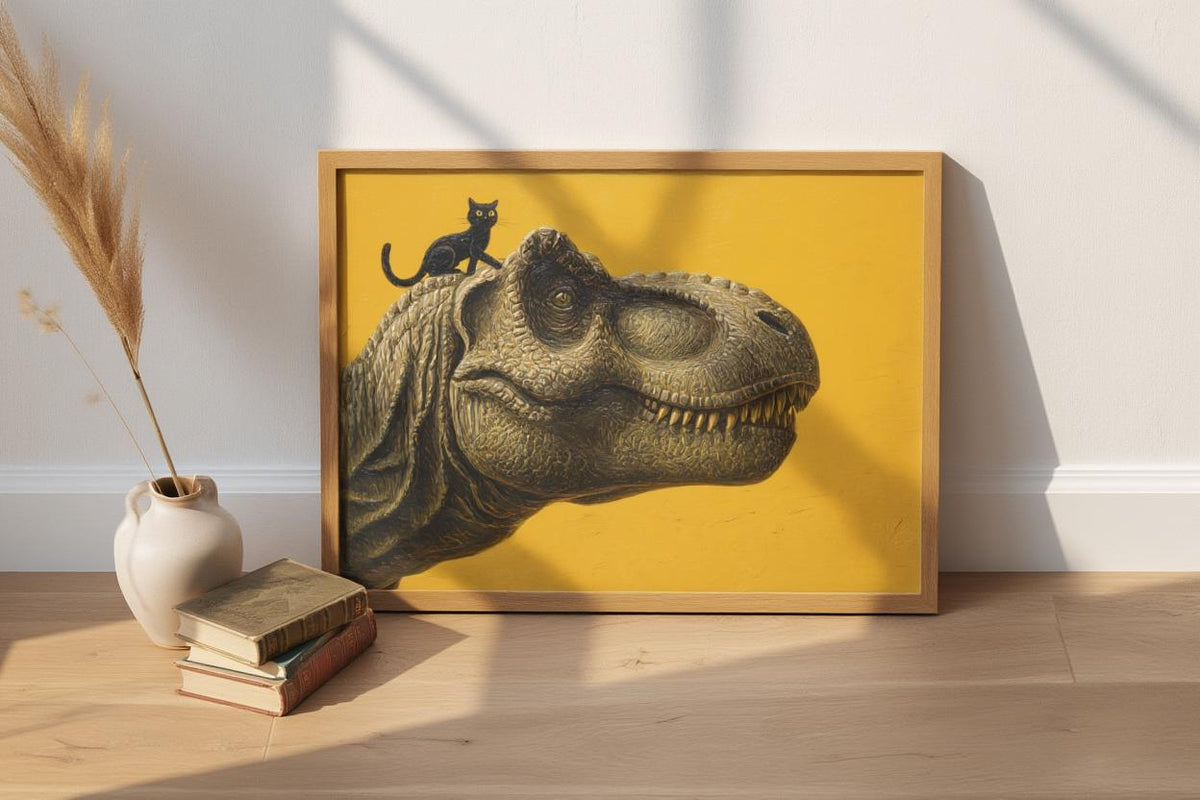 T-Rex Dinosaur Print, Tyrannosaurus Illustration, Surreal Black Cat Animal Portrait, Minimalist Nursery Decor Whimsical Prehistoric Wall Art