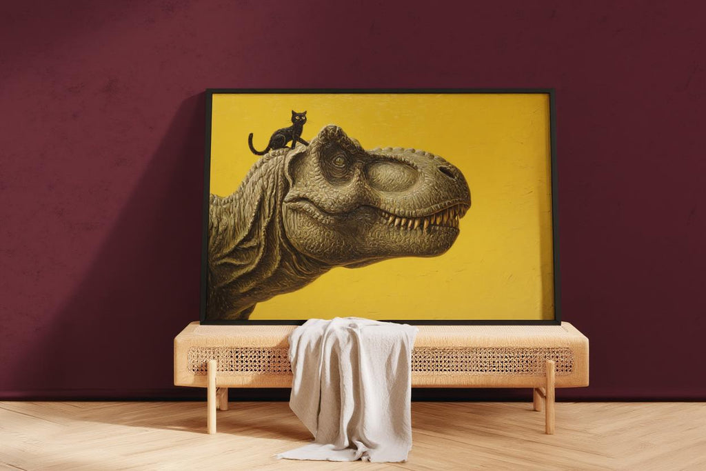 T-Rex Dinosaur Print, Tyrannosaurus Illustration, Surreal Black Cat Animal Portrait, Minimalist Nursery Decor Whimsical Prehistoric Wall Art