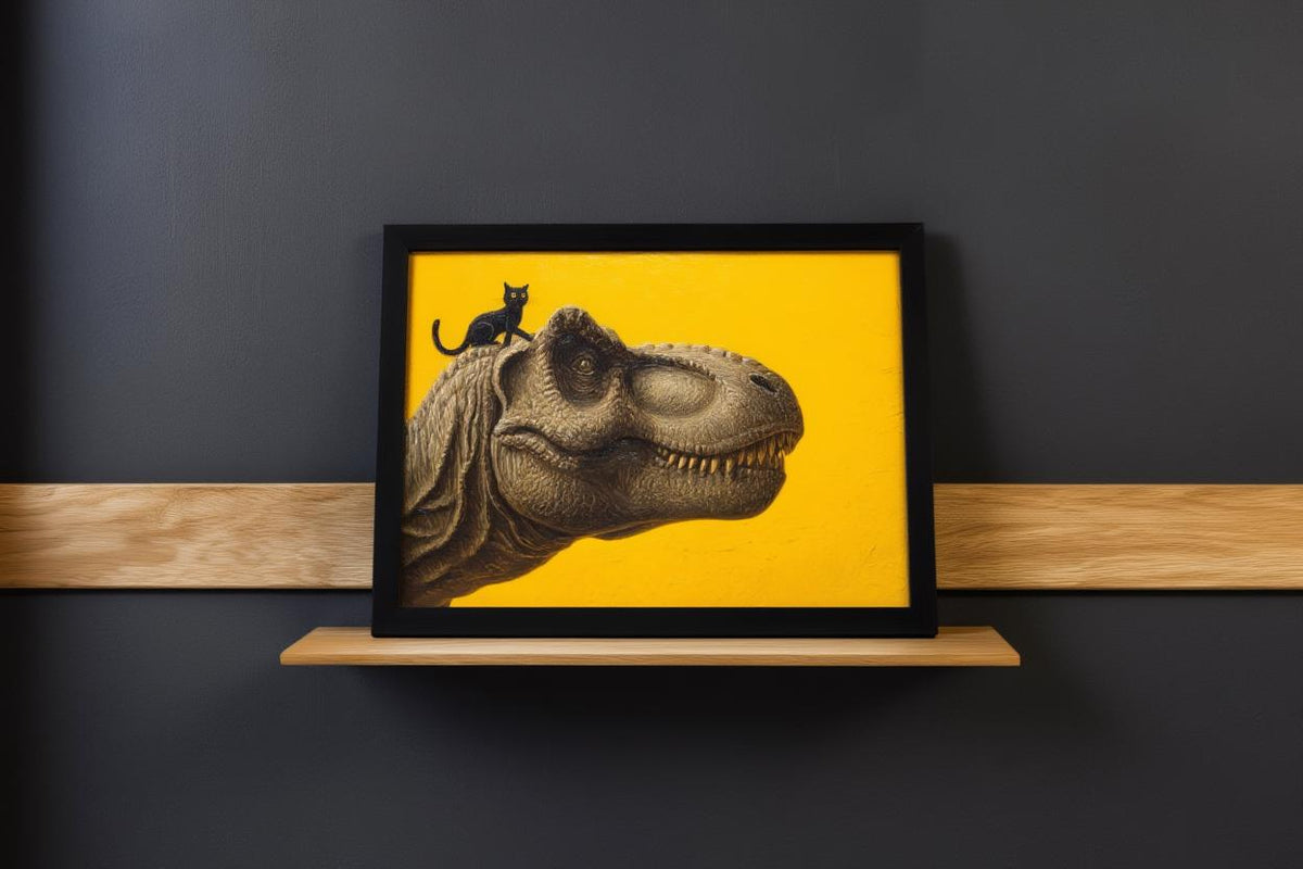 T-Rex Dinosaur Print, Tyrannosaurus Illustration, Surreal Black Cat Animal Portrait, Minimalist Nursery Decor Whimsical Prehistoric Wall Art