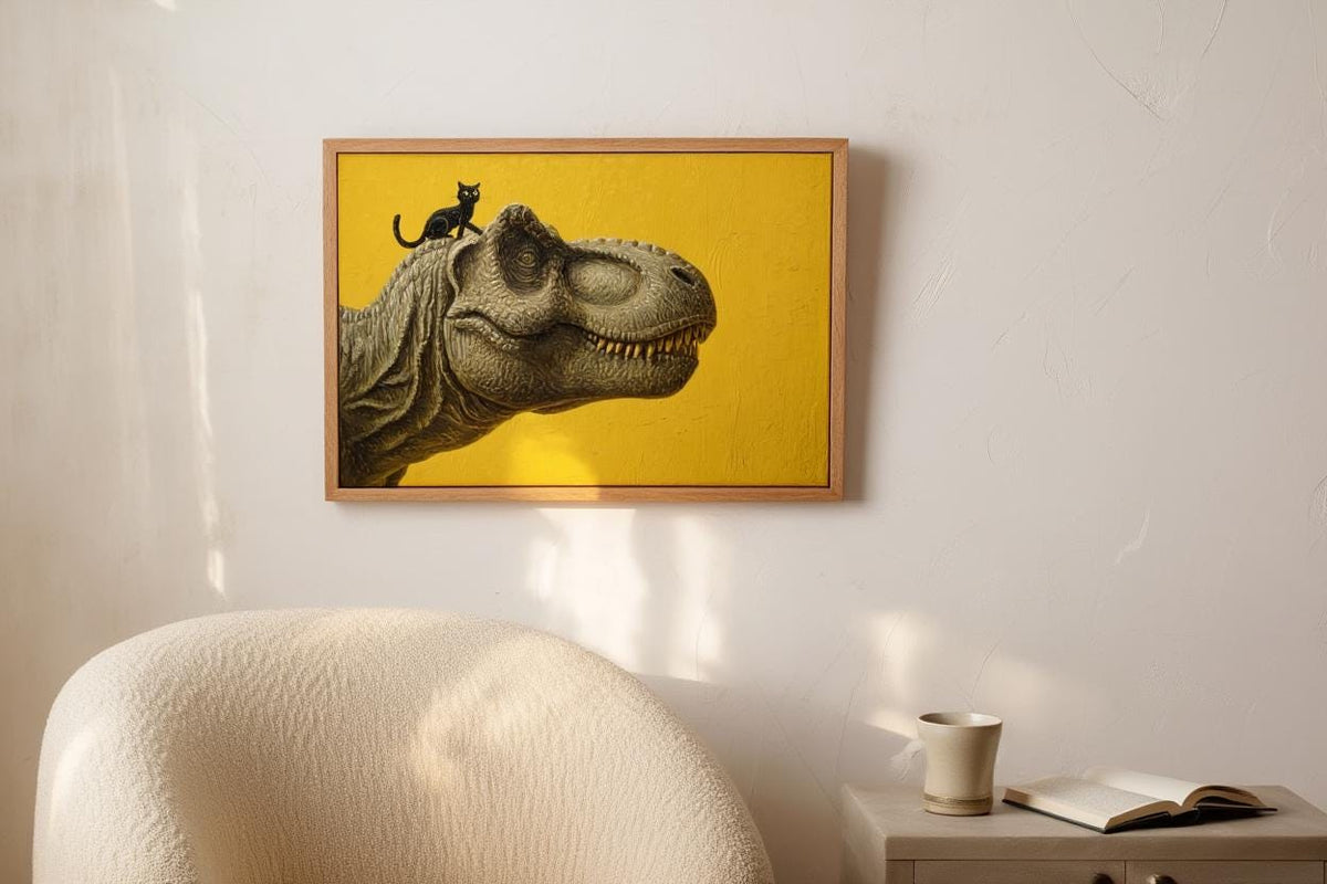 T-Rex Dinosaur Print, Tyrannosaurus Illustration, Surreal Black Cat Animal Portrait, Minimalist Nursery Decor Whimsical Prehistoric Wall Art