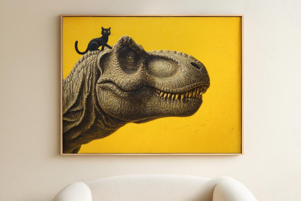 T-Rex Dinosaur Print, Tyrannosaurus Illustration, Surreal Black Cat Animal Portrait, Minimalist Nursery Decor Whimsical Prehistoric Wall Art