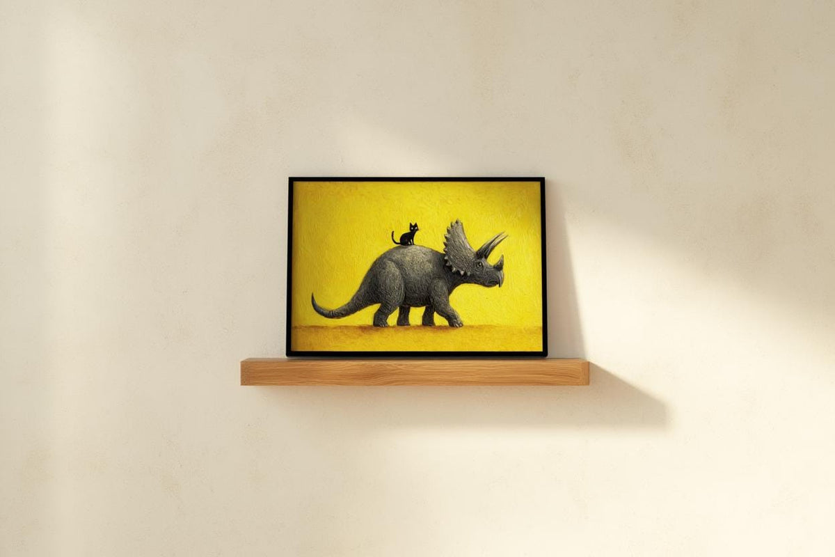 Triceratops Wall Art, Cute Black Cat Print, Funny Dinosaur Poster, Quirky Pet Gift, Whimsical Prehistoric Nursery Painting, Yellow Decor