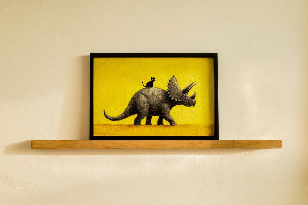 Triceratops Wall Art, Cute Black Cat Print, Funny Dinosaur Poster, Quirky Pet Gift, Whimsical Prehistoric Nursery Painting, Yellow Decor