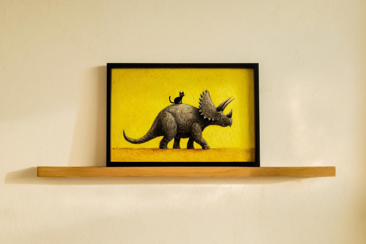 Triceratops Wall Art, Cute Black Cat Print, Funny Dinosaur Poster, Quirky Pet Gift, Whimsical Prehistoric Nursery Painting, Yellow Decor