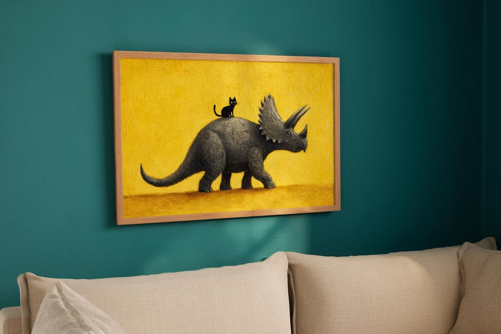 Triceratops Wall Art, Cute Black Cat Print, Funny Dinosaur Poster, Quirky Pet Gift, Whimsical Prehistoric Nursery Painting, Yellow Decor