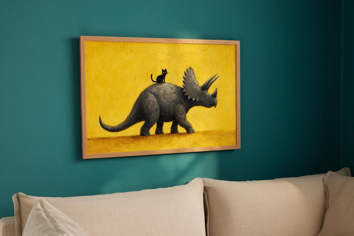 Triceratops Wall Art, Cute Black Cat Print, Funny Dinosaur Poster, Quirky Pet Gift, Whimsical Prehistoric Nursery Painting, Yellow Decor