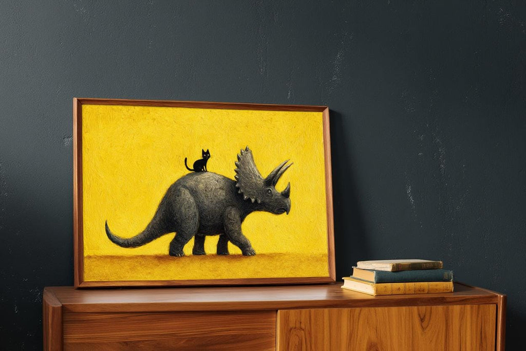 Triceratops Wall Art, Cute Black Cat Print, Funny Dinosaur Poster, Quirky Pet Gift, Whimsical Prehistoric Nursery Painting, Yellow Decor