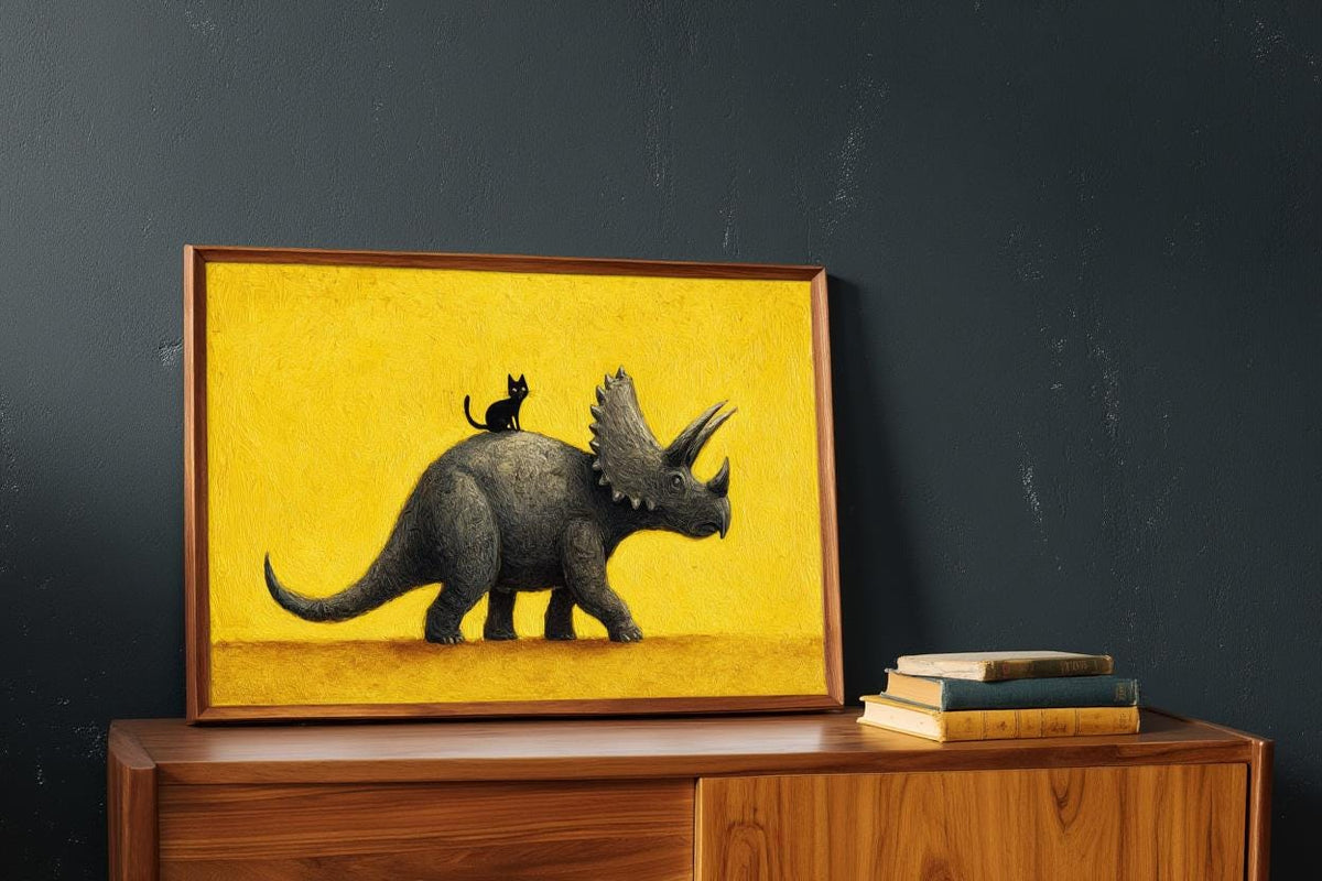 Triceratops Wall Art, Cute Black Cat Print, Funny Dinosaur Poster, Quirky Pet Gift, Whimsical Prehistoric Nursery Painting, Yellow Decor