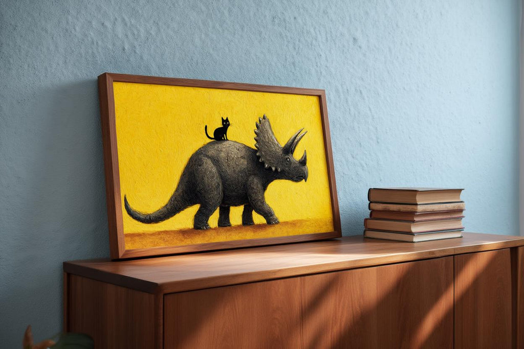 Triceratops Wall Art, Cute Black Cat Print, Funny Dinosaur Poster, Quirky Pet Gift, Whimsical Prehistoric Nursery Painting, Yellow Decor