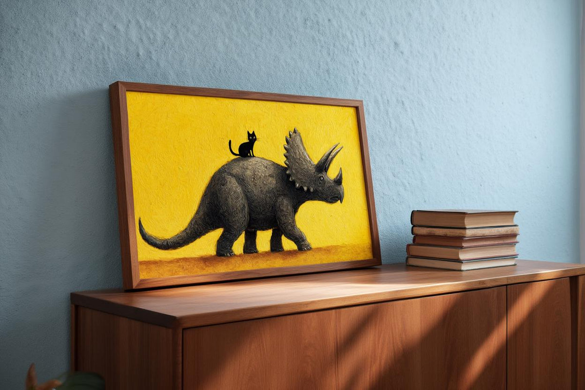 Triceratops Wall Art, Cute Black Cat Print, Funny Dinosaur Poster, Quirky Pet Gift, Whimsical Prehistoric Nursery Painting, Yellow Decor