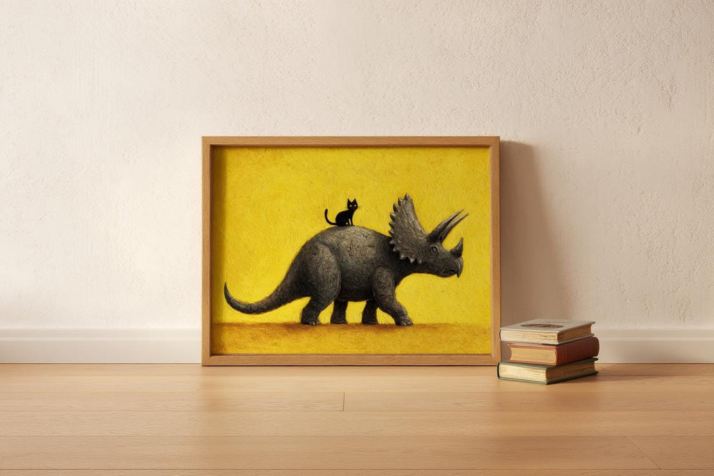 Triceratops Wall Art, Cute Black Cat Print, Funny Dinosaur Poster, Quirky Pet Gift, Whimsical Prehistoric Nursery Painting, Yellow Decor
