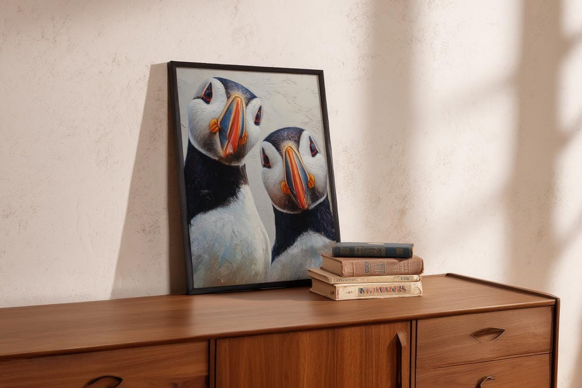 Puffin Wall Art, Whimsical Coastal Bird Portrait, Painterly Seabird Print, Beach House Decor, Wildlife Lover Gift, Seaside Cottage Art