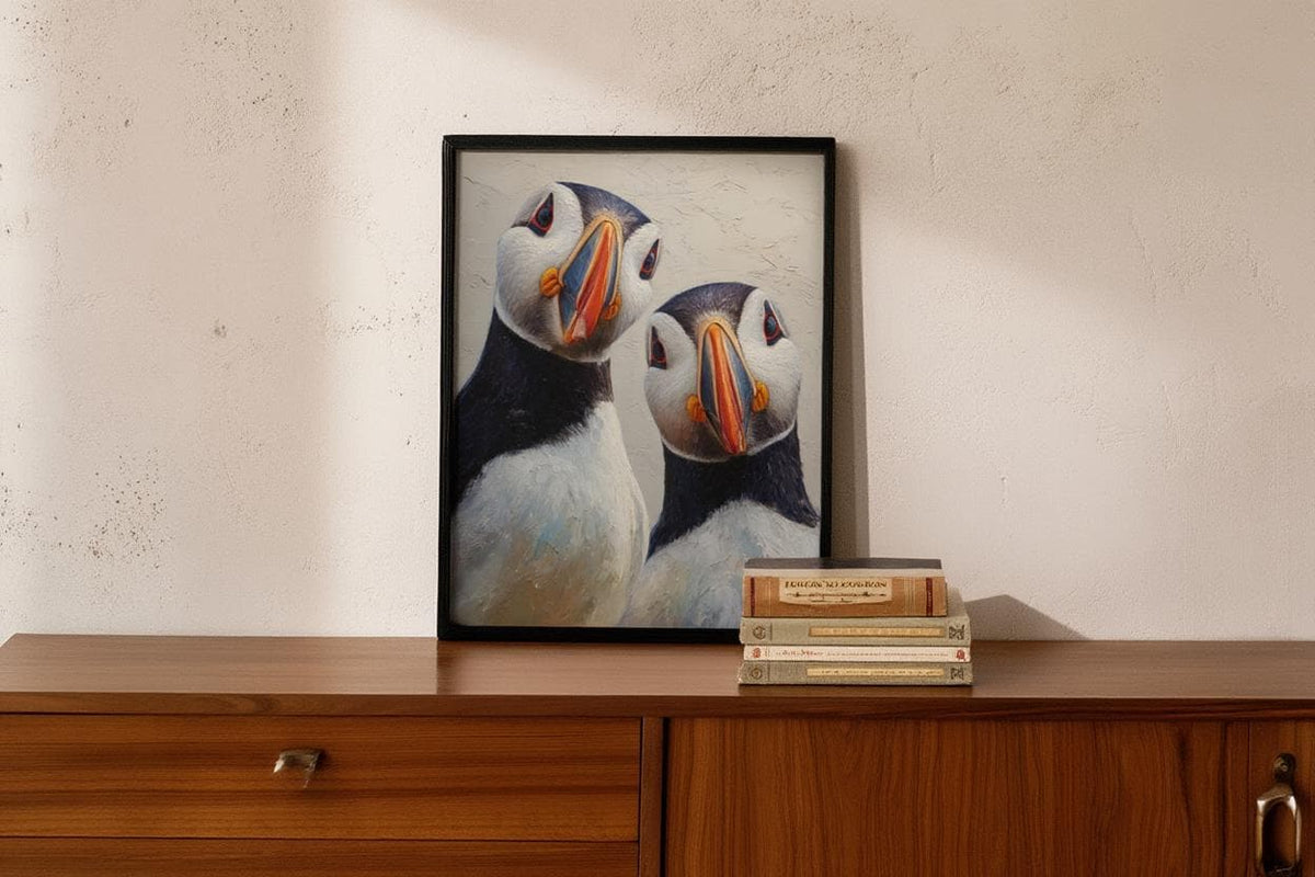 Puffin Wall Art, Whimsical Coastal Bird Portrait, Painterly Seabird Print, Beach House Decor, Wildlife Lover Gift, Seaside Cottage Art