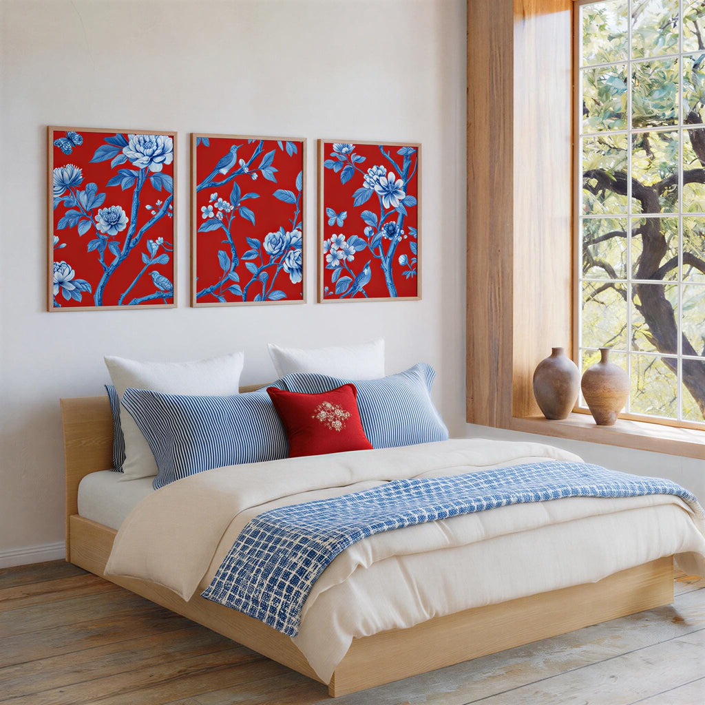 Chinoiserie Christmas Red & Blue Set of 3, Watercolor Chinese Wallpaper Print, Botanical Birds Flowers Tapestry, Floral Botanical Peonies