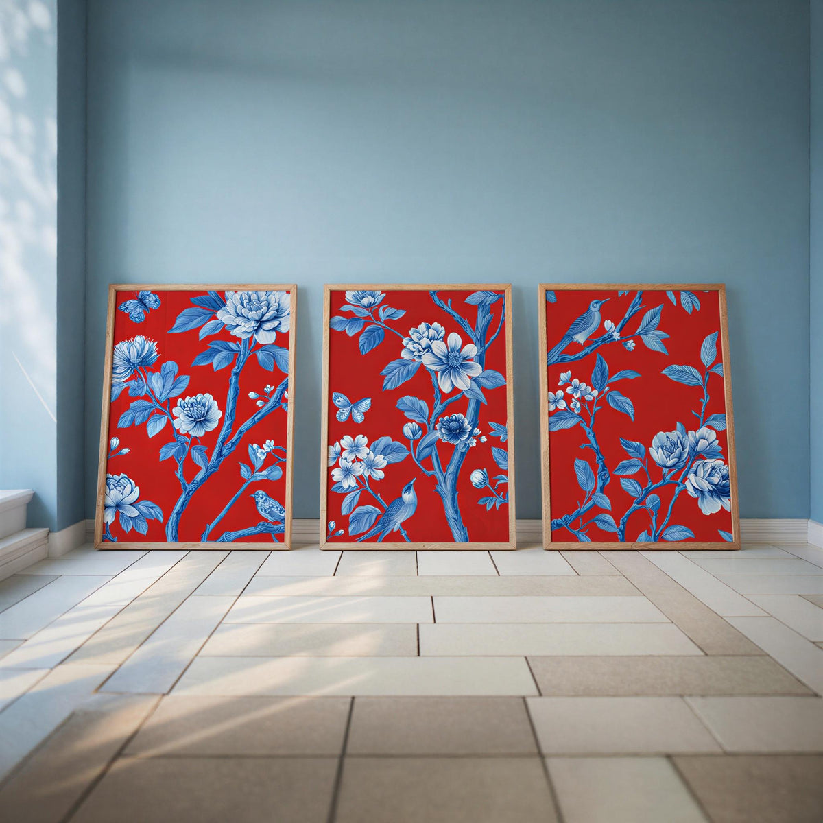 Chinoiserie Christmas Red & Blue Set of 3, Watercolor Chinese Wallpaper Print, Botanical Birds Flowers Tapestry, Floral Botanical Peonies