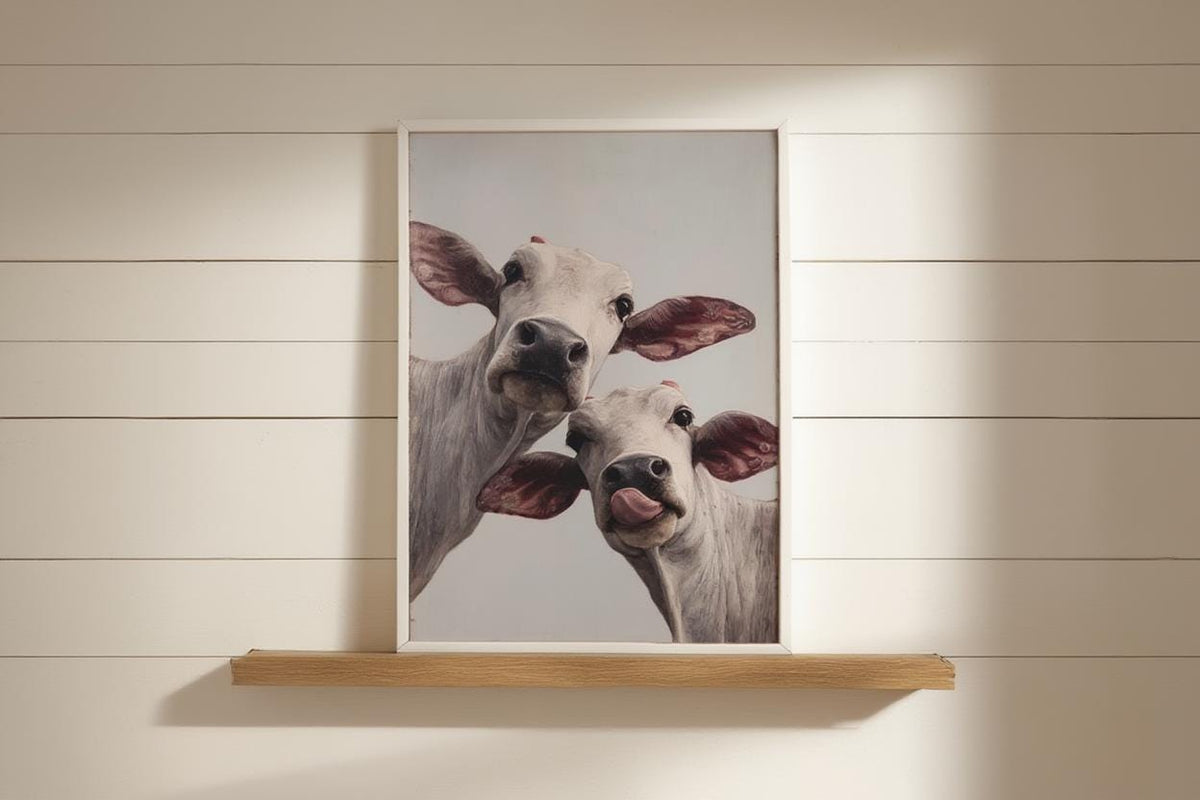 Cow Wall Art, Rustic Cute Country Decor, Whimsical Heifer Print, Funny Kamdhenu Cow Painting, Licking Farm Animal Portrait, Indian Farmhouse