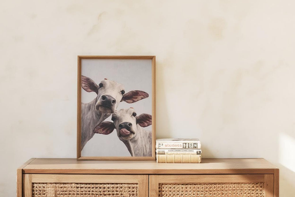Cow Wall Art, Rustic Cute Country Decor, Whimsical Heifer Print, Funny Kamdhenu Cow Painting, Licking Farm Animal Portrait, Indian Farmhouse