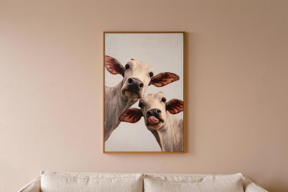 Cow Wall Art, Rustic Cute Country Decor, Whimsical Heifer Print, Funny Kamdhenu Cow Painting, Licking Farm Animal Portrait, Indian Farmhouse