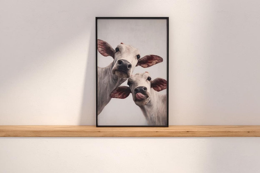 Cow Wall Art, Rustic Cute Country Decor, Whimsical Heifer Print, Funny Kamdhenu Cow Painting, Licking Farm Animal Portrait, Indian Farmhouse