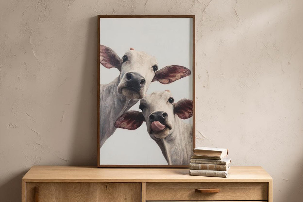 Cow Wall Art, Rustic Cute Country Decor, Whimsical Heifer Print, Funny Kamdhenu Cow Painting, Licking Farm Animal Portrait, Indian Farmhouse