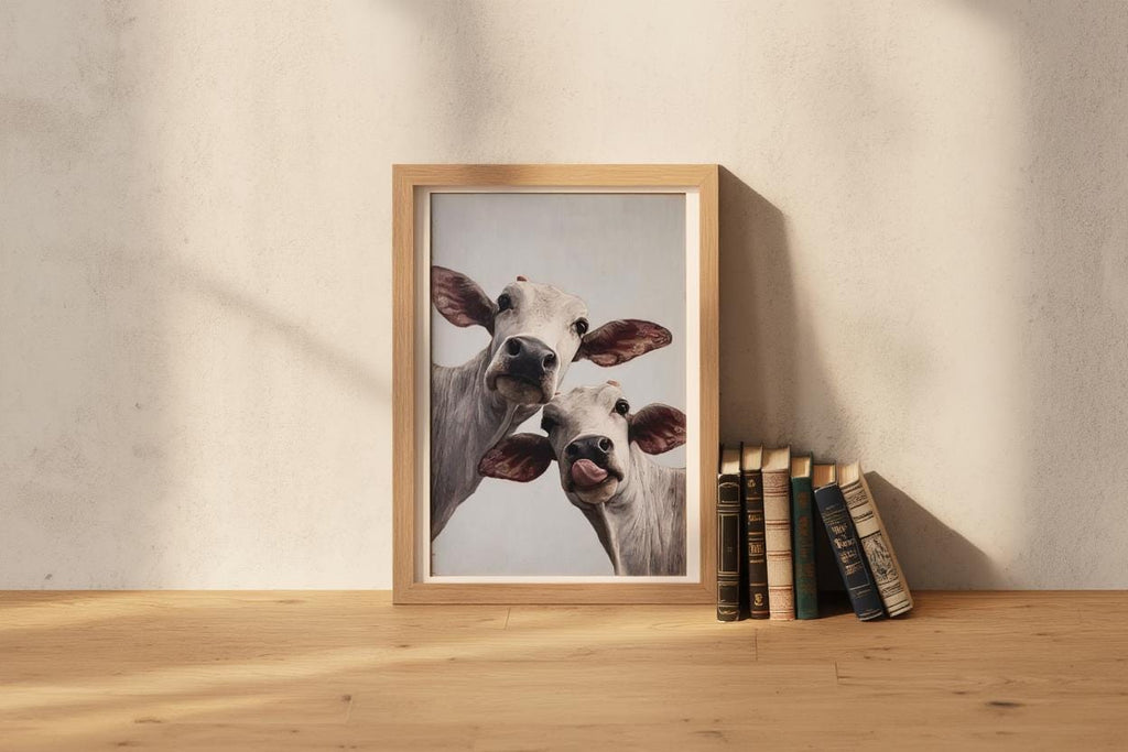 Cow Wall Art, Rustic Cute Country Decor, Whimsical Heifer Print, Funny Kamdhenu Cow Painting, Licking Farm Animal Portrait, Indian Farmhouse