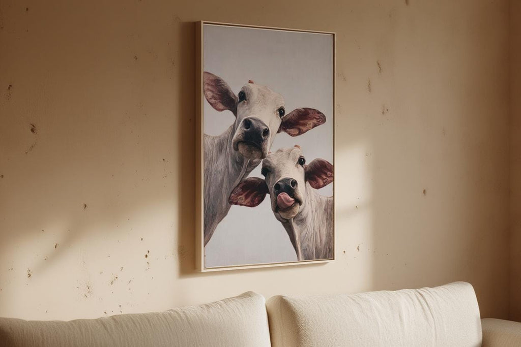 Cow Wall Art, Rustic Cute Country Decor, Whimsical Heifer Print, Funny Kamdhenu Cow Painting, Licking Farm Animal Portrait, Indian Farmhouse