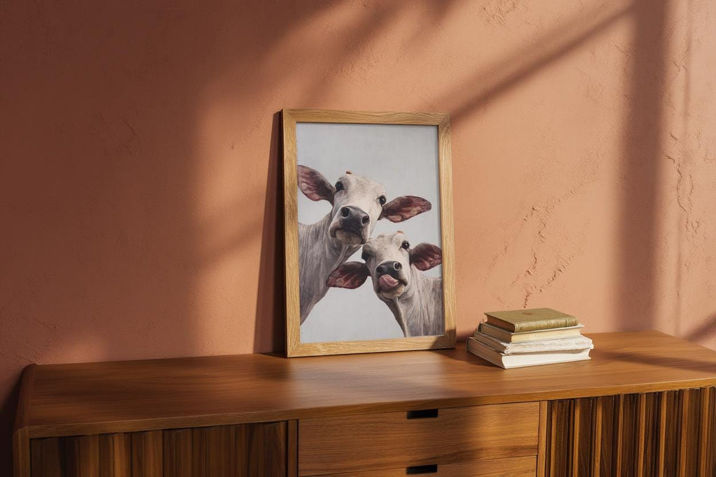 Cow Wall Art, Rustic Cute Country Decor, Whimsical Heifer Print, Funny Kamdhenu Cow Painting, Licking Farm Animal Portrait, Indian Farmhouse